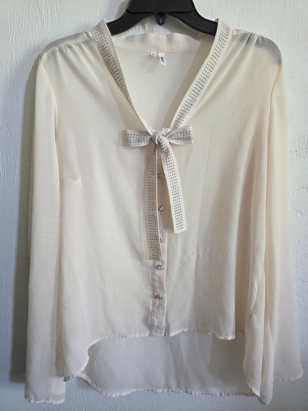 Studio Y Cream Sheer Long Sleeve Blouse Beaded Rhinestone Tie Neck L